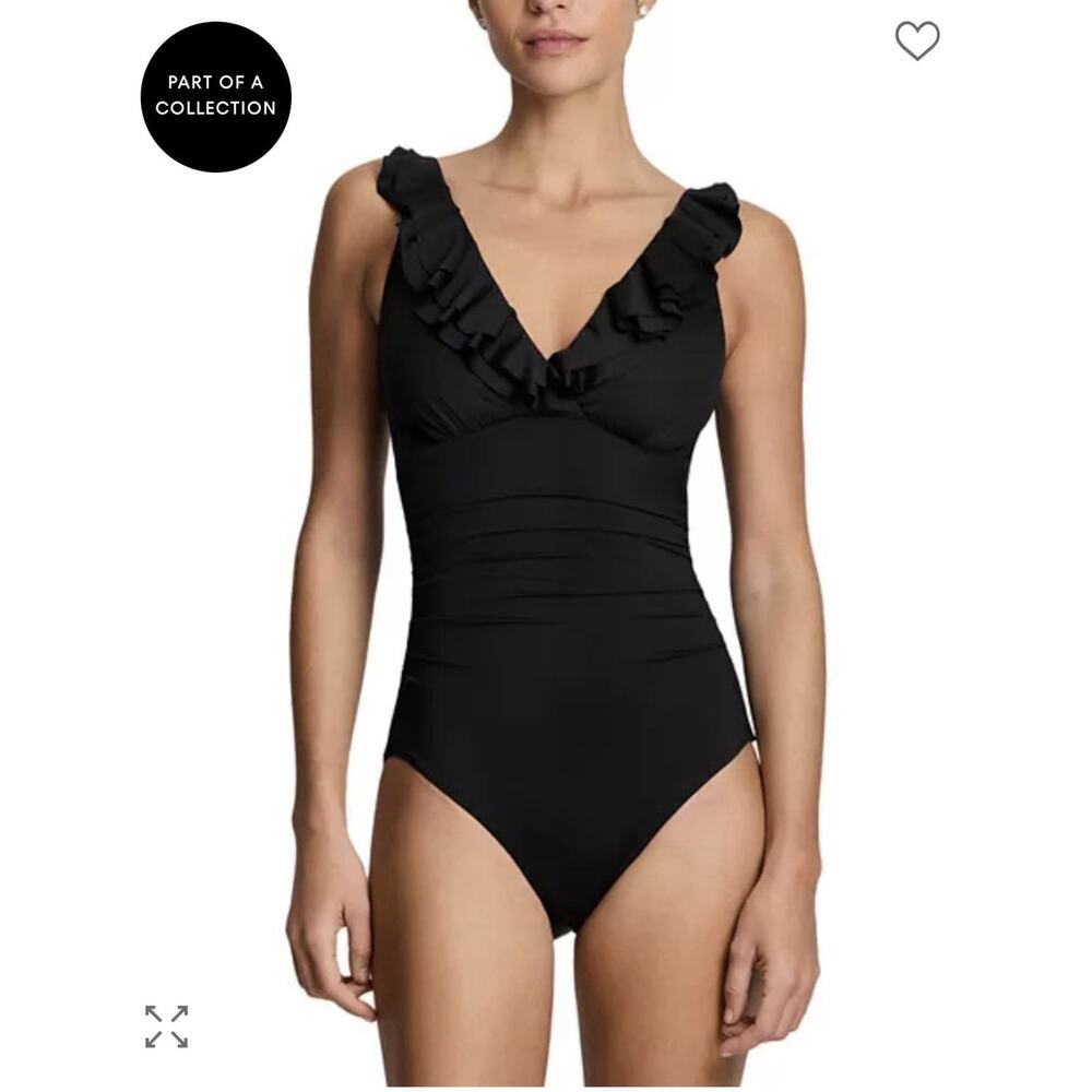 Lauren Ralph Lauren Beach Club Ruffle Surplice One Piece Swimsuit Black 14 NEW